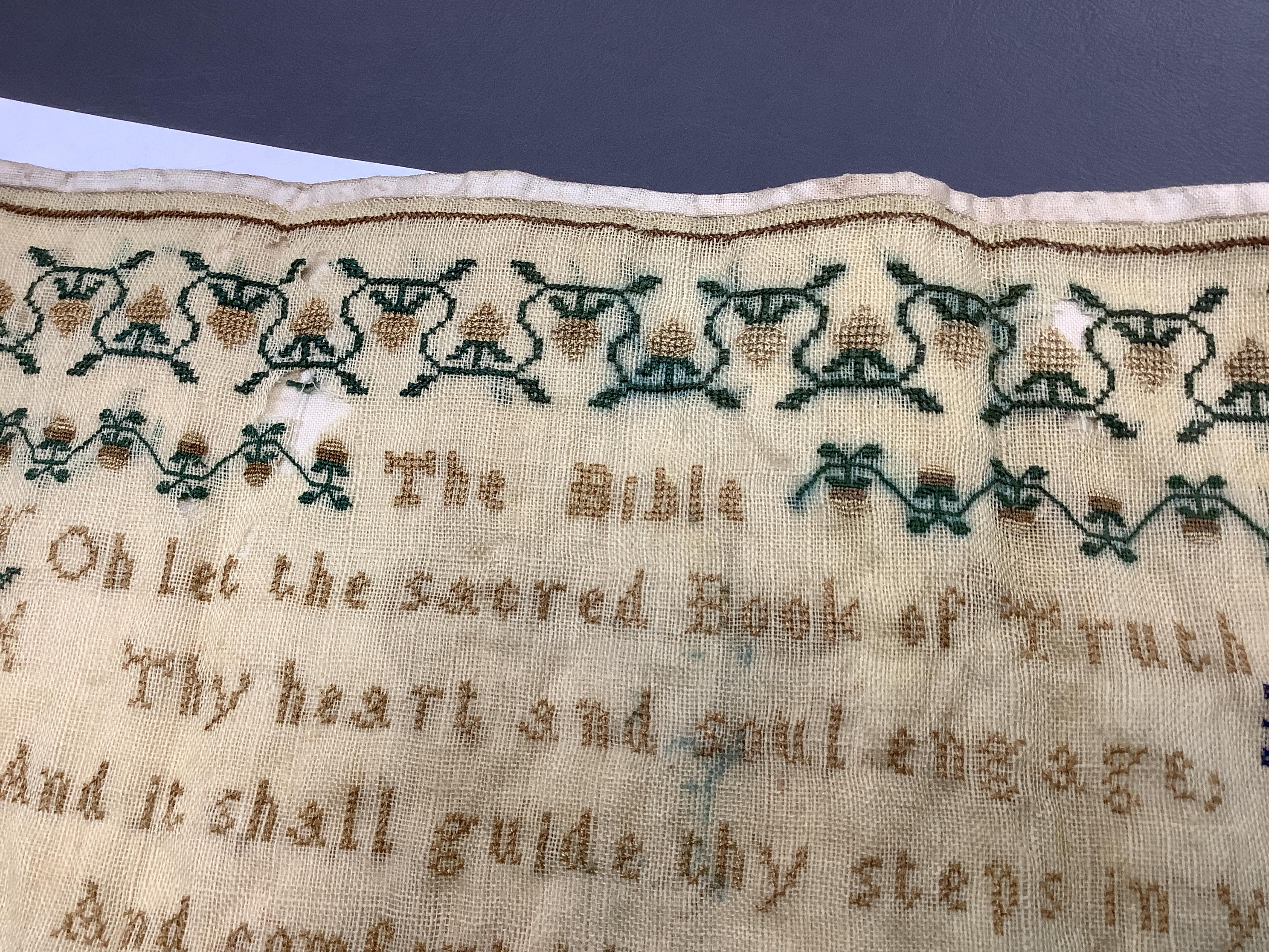 Two unframed large samplers, by Susanna and Ann Elizabeth Day, (sisters) both dated 1848. Two other unframed simpler alphabet samplers both by Florence Emily Day, dated 1876 and 1878. (4)